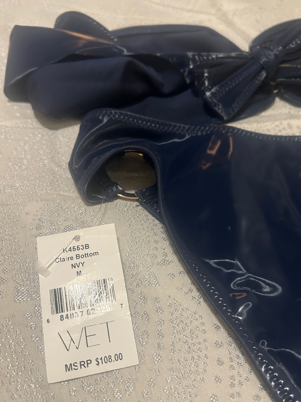WET SWIMWEAR Off-Shoulder Ring Detail Latex Bikini in Navy Blue - Picture 8 of 9